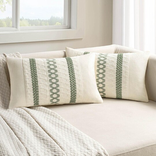 Set of 2 Sage Green Boho Decorative Pillow Covers 12x20 Inch Farmhouse Rustic Couch Throw Pillows